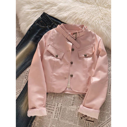 Hong Kong Style Retro suit American Style Design Short Pink Motorcycle Leather Jacket Women's Three-Piece Jeans Set