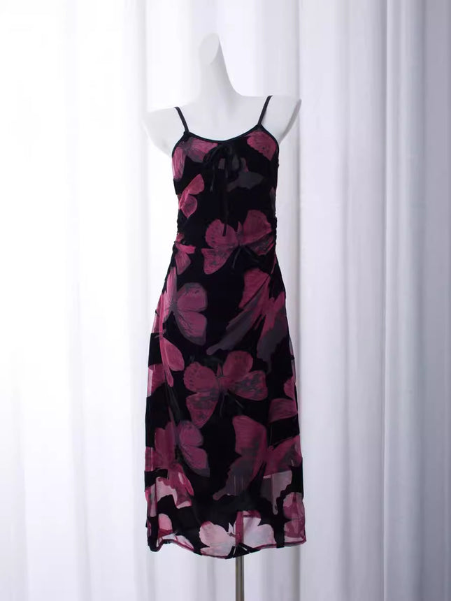 Butterfly Transformation Red/Apricot Print Dress Holiday Long and Short Suspender Skirt Fresh and Elegant Fashionable National Style