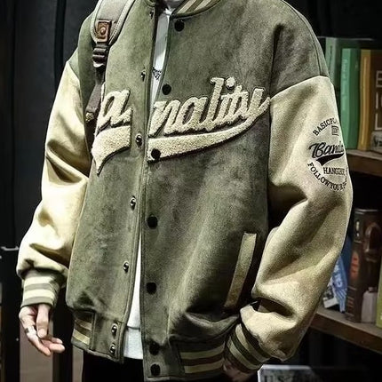 Suede Baseball Suit Men's Spring and Autumn American Vintage Jacket Embroidered Loose Towel Velvet Aviator Top Trendy
