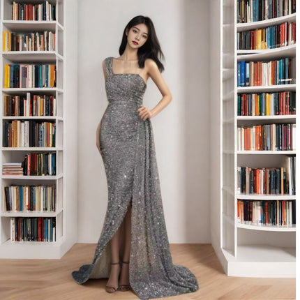New European and American Cross-Border Export Women's Clothing Independent Station One-Shoulder Sexy Heavy-Duty Sequin Streamer Large Swing Ball Evening Dress