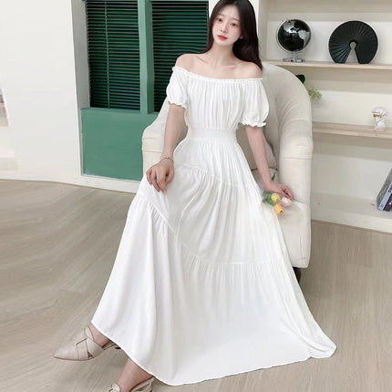 Cross-border cotton silk clear color off-shoulder dress Southeast Asian elastic waist beach skirt Bohemian long skirt