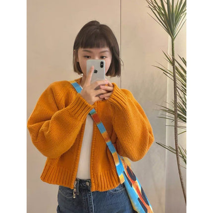 Korean Style Double Zipper avocado green Knitted Cardigan Outer Wear Slimming All-match Short Sweater Women's Elegant Meat-covered Jacket
