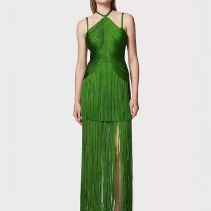 Cross-border Foreign Trade New European and American High Street Fashion Green Bandage Tassel dress Red Carpet Banquet Party Dress