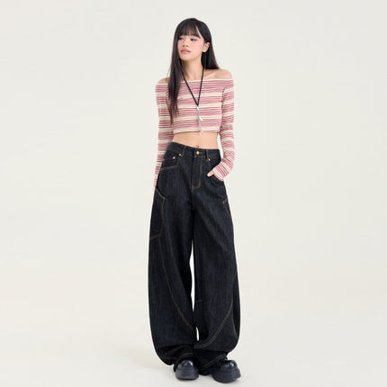 Vintage Trendy Brand Scimitar Wide Leg Jeans Women's Autumn and Winter 2024 New Straight Loose High Waist Slimming Mop Pants