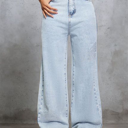 Cross-Border Women's American Retro Washed Distressed Rhinestone Jeans Autumn and Winter Loose Slimming High-Waisted Floor-Length Pants