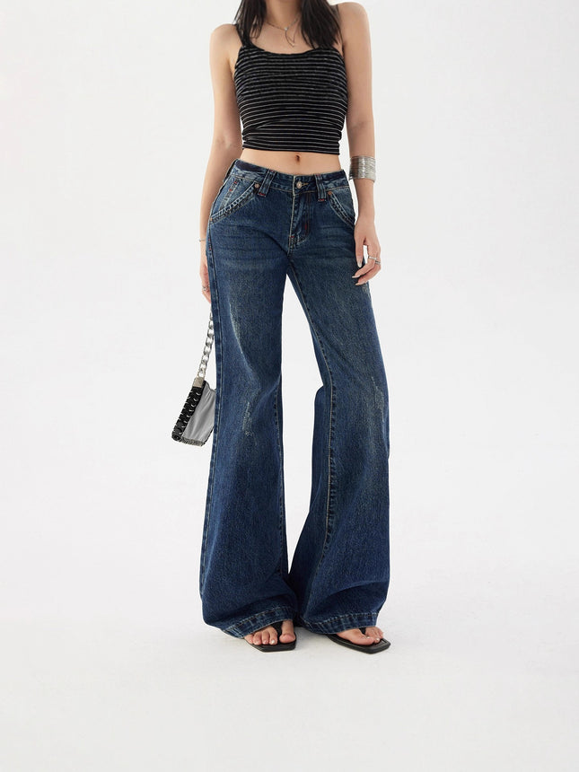 2025 American Retro Low-Waist Hot Girl Loose Versatile Wide-Leg Pants Drapey Slimming Fleece Flared Jeans for Women