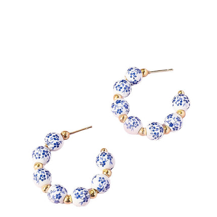 Cross-Border Hot Selling Ceramic Earrings for Women New Chinese Fashion Small Gold Bean Beads Blue and White Porcelain Semi-Circle Earrings Wholesale Supply