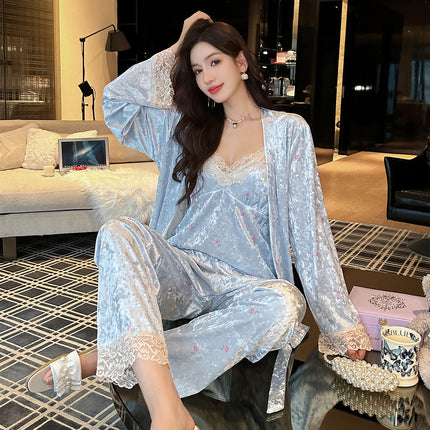New Style Gold Velvet Nightgown with Chest Pad Sling Trousers Three-Piece Set Women's Pajamas Sweet Sexy Lace Home Clothes