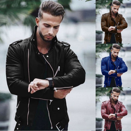 New Autumn and Winter European and American Men's Leather Jacket, Large Size, Fashionable Slim-Fit Leather Coat for Export on Wish and Aliexpress