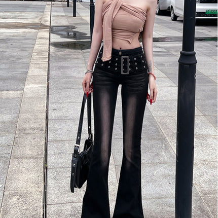 Vintage Gradient Flared Jeans for Women, Autumn Design, American Style, High-Waisted, Stretchy, Slim-Fit, Floor-Length Pants