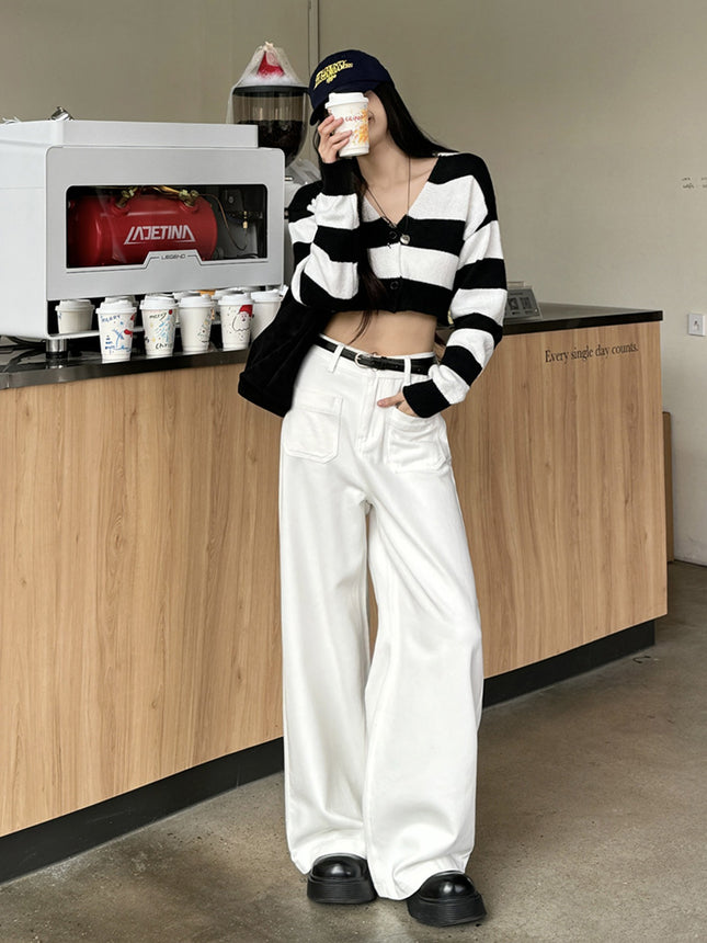 Off-White Double Pocket American Straight-Leg Jeans for Women 2025 Autumn and Winter New High-Waisted Slimming Loose Wide-Leg Pants