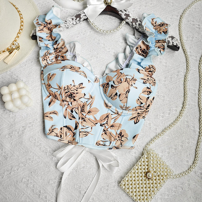 Cross-border European and American Summer Explosions Floral Bow Sling Top Sweet Sexy Printed French Corset Vest