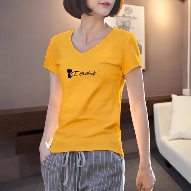 2025 New Summer White Short-Sleeved T-Shirt Women's V Neck Printed Korean Style Foreign Style Slim Shirt Simple Half-Sleeved