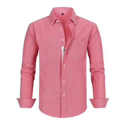 Low Price Clearance Oxford Zipper Shirt Men's Long-Sleeved Men's Business Casual Shirt Pure Color Amazon Export Style
