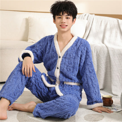 Autumn and Winter pajamas men's thickened fleece-lined warm coral fleece cartoon junior high school student home wear suit