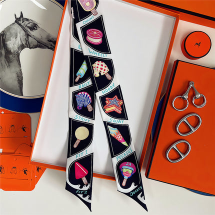 Summer New Decorative Ice Cream Women's Versatile Decorative Twill Silk Ribbon Wrapped Around the Bag Silk Scarf Small Scarf
