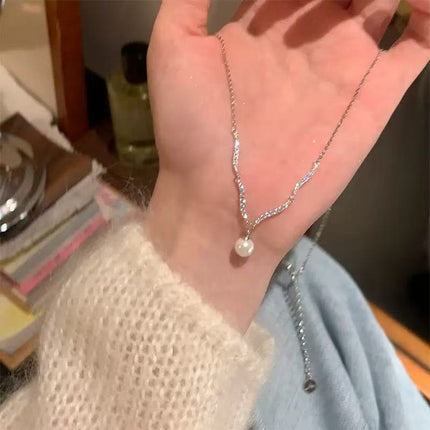925 Silver-Plated Elegant Sparkling Zirconium Wave Pearl Pendant Clavicle Chain High-End Accessible Luxury Niche Necklace Women's Sweater Chain