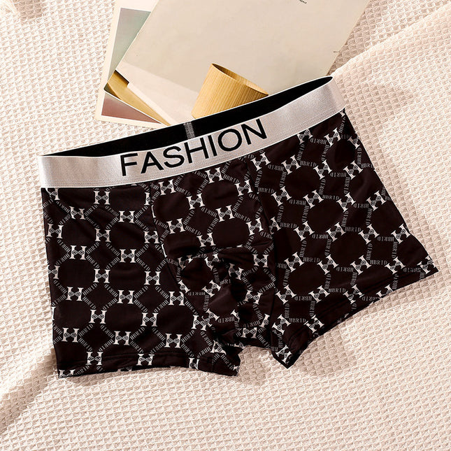 2025 Bagged Summer Men's Ice Silk Underwear Seamless Ultra-Thin Breathable Fashionable Printed Mid-Waist Trendy Boxer Briefs for Men