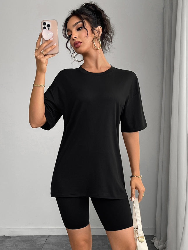 European and American Women's Casual Multi-Color Round Neck Short-Sleeved Light Version Simple Fashion Sports Top Pure Color Loose Light Board T-Shirt