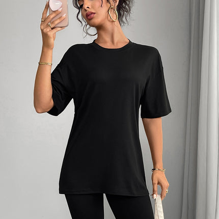 European and American Women's Casual Multi-Color Round Neck Short-Sleeved Light Version Simple Fashion Sports Top Pure Color Loose Light Board T-Shirt