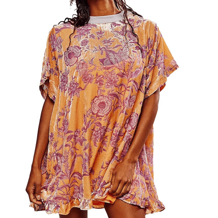 Amazon 2024 Women Fashion Vintage Velvet dress Round Neck Short Sleeve Floral Print Mini Elegant
