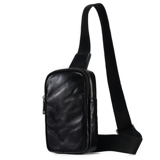 Genuine Leather Men's Chest Bag, Sports Trendy Brand Single Shoulder Crossbody Bag, Men's Bag, Vegetable-Tanned Leather, Vintage Black Bag, Men's Chest Bag