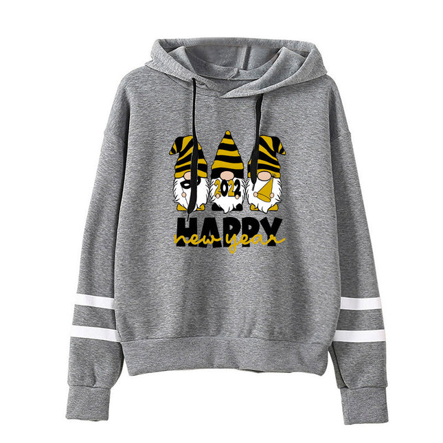 Santa happy printed parallel bars striped hooded hoodie European and American men's and women's European size cross-border autumn and winter