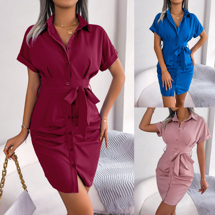 ins Style Real Shot Summer European and American Casual Solid Color Bat Sleeve Tight Waist Pressed Fold Shirt Dress Independent Station Cross-border Women's Clothing
