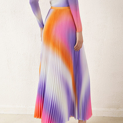 Miyake Style Women's Fashion Two-Piece Set, European Hot-Selling Gradient Age-Reducing Stylish Long-Sleeve Top and Skirt Set