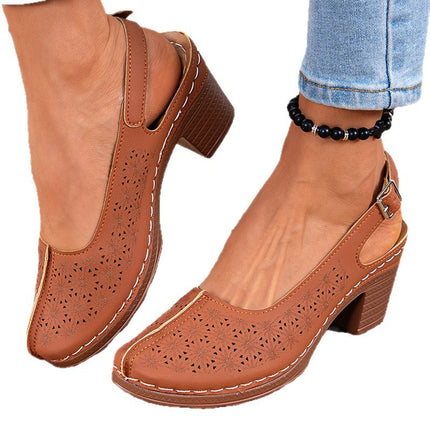 2025 Summer New Style Baotou Fashionable and Comfortable Foreign Trade Large Size Thick Heel Buckle Laser High Heel Sandals for Women Wholesale