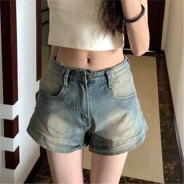 Summer New Retro Distressed Hot Girl Denim Shorts Women's Hip-Covering A-Line Slimming Look High-Waisted Straight Hot Pants Ins