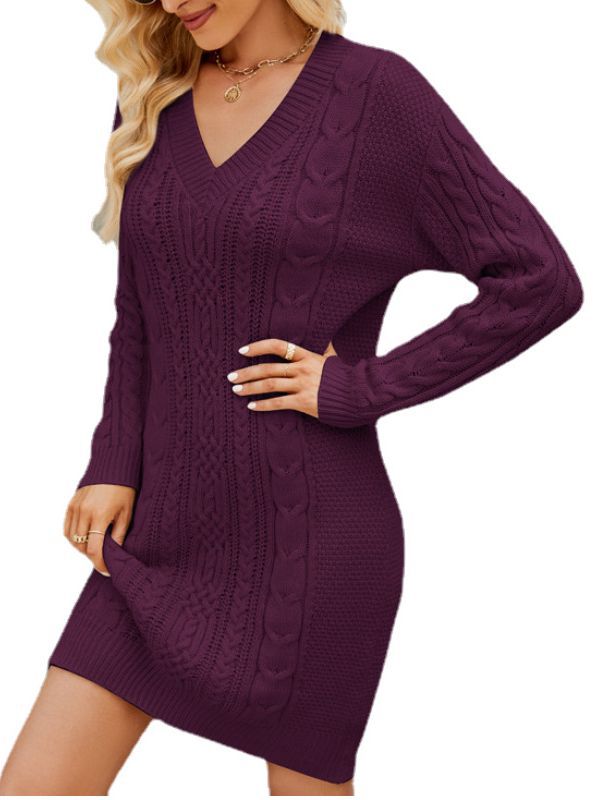 Cross-border European and American women's V-neck sweater dress 2023 autumn and winter twisted knitted dress elegant long sweater dress for women