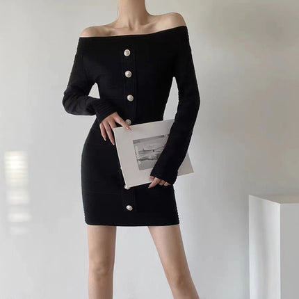 2025 Autumn/Winter New Cross-Border Japanese and Korean Style Sexy Off-Shoulder Long Sleeve Slim Fit Bodycon Knitted Short Dress 8226