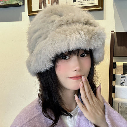 Falling pool knitted ~ rabbit fur velvet handmade fisherman hat makes face look small winter warm atmosphere hat makes face look small for women