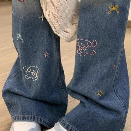 Autumn American Cartoon Embroidered Straight Jeans for Women, Retro Design, High-Waisted, Slimming, Floor-Length Wide-Leg Pants, Trendy
