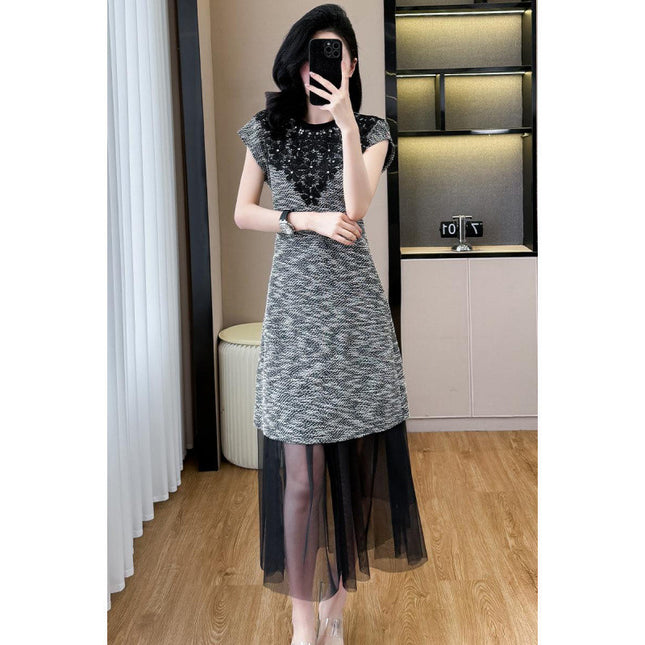 Cross-Border Hot-Selling Two-Piece Set 2025 New Style Small Fragrance Rhinestone Dress + Mesh Skirt Set