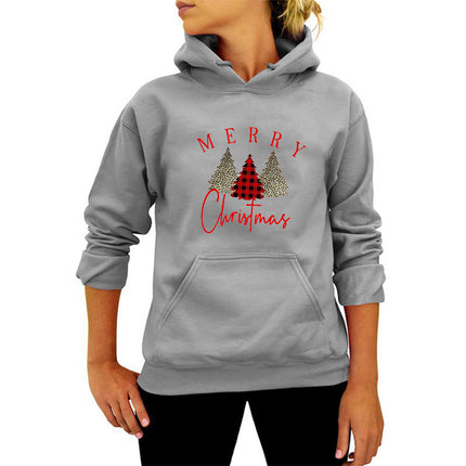Foreign Trade Cross-border merry Leopard Print Plaid Christmas Tree Printing Hooded Hoodie Autumn and Winter European and American Ladies