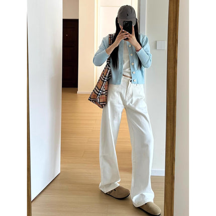 2025 New White High-Waisted Wide-Leg Jeans for Women Summer Casual Loose Slimming Straight Drape Floor-Length Pants