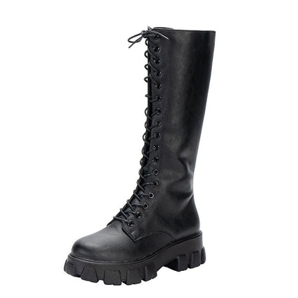 2025 Autumn New British Style Platform Thick-Soled Versatile Niche Long Boots Popular Lace-Up Slim Fashion Boots