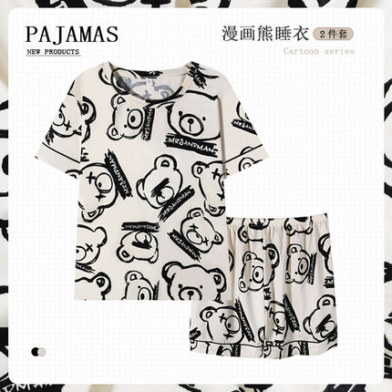New Style Pajamas Women's Summer Short-sleeved Pullover Thin Cartoon Cartoon Bear Girl Home Clothes suit Women's Outwear