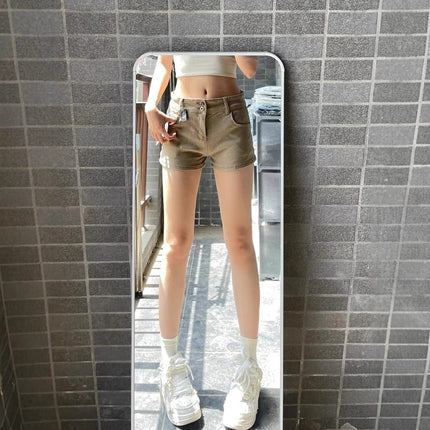 American Retro High Street Summer Hot Pants Hot Girl Design Khaki Personalized Denim Shorts for Women Slimming Students
