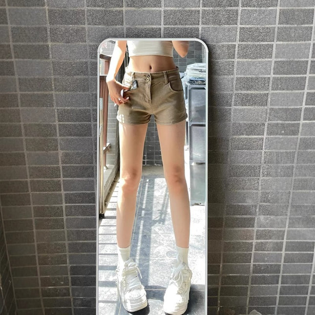 American Retro High Street Summer Hot Pants Hot Girl Design Khaki Personalized Denim Shorts for Women Slimming Students