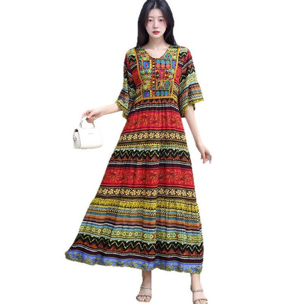 Amazon Cotton Silk Beach Dress Ethnic Style Large Swing Dress V-Neck Mid-Sleeve Dress Embroidered Vintage Floral Long Dress
