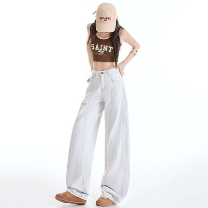 Wholesale Dropshipping Popular American Retro Side Seam High-Rise Design Loose Slimming Versatile Fashion Floor-Length Jeans for Women