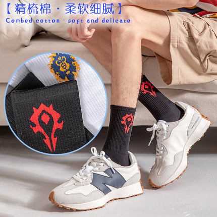 Warcraft Men's Socks Autumn and Winter Mid-tube Sports Socks Embroidered Solid Color Cotton Socks Casual Men's Socks Game Cartoon WOW