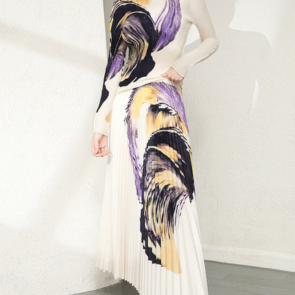 Miyake suit Women's Spring and Autumn Pleated High-end Fashion Printed Long-sleeve Garden Collar Elegant Age-reducing Slimming Long Dress Two-piece Set