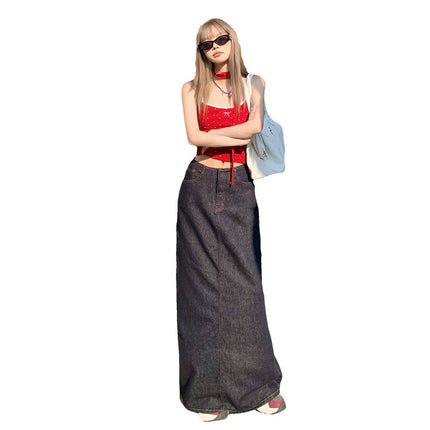 American Style Retro Hot Girl Loose Skirt Women's 2025 Summer New High Waist Draping All-match Split Denim Long Skirt