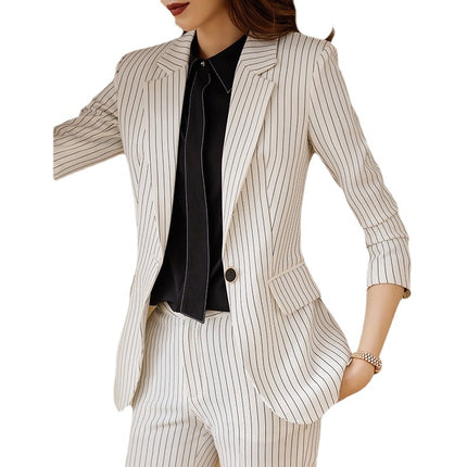 Autumn Viscose Commuter Loose Elegant Pants Suit Striped Small Suit Green Long Sleeve Elegant Commuter Women's Clothing