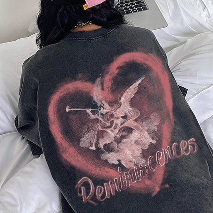 American Retro Pure Cotton Washed Distressed Large Size Short-Sleeved T-Shirt Women's Trendyy Hip-Hop Ins Couple Hong Kong Style Round Neck Top