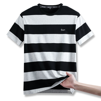 Mingdi Mouse Men's Summer New Casual Short-sleeved Crewneck Plus Size T-shirt Business Striped Pure Cotton Men's T-shirt